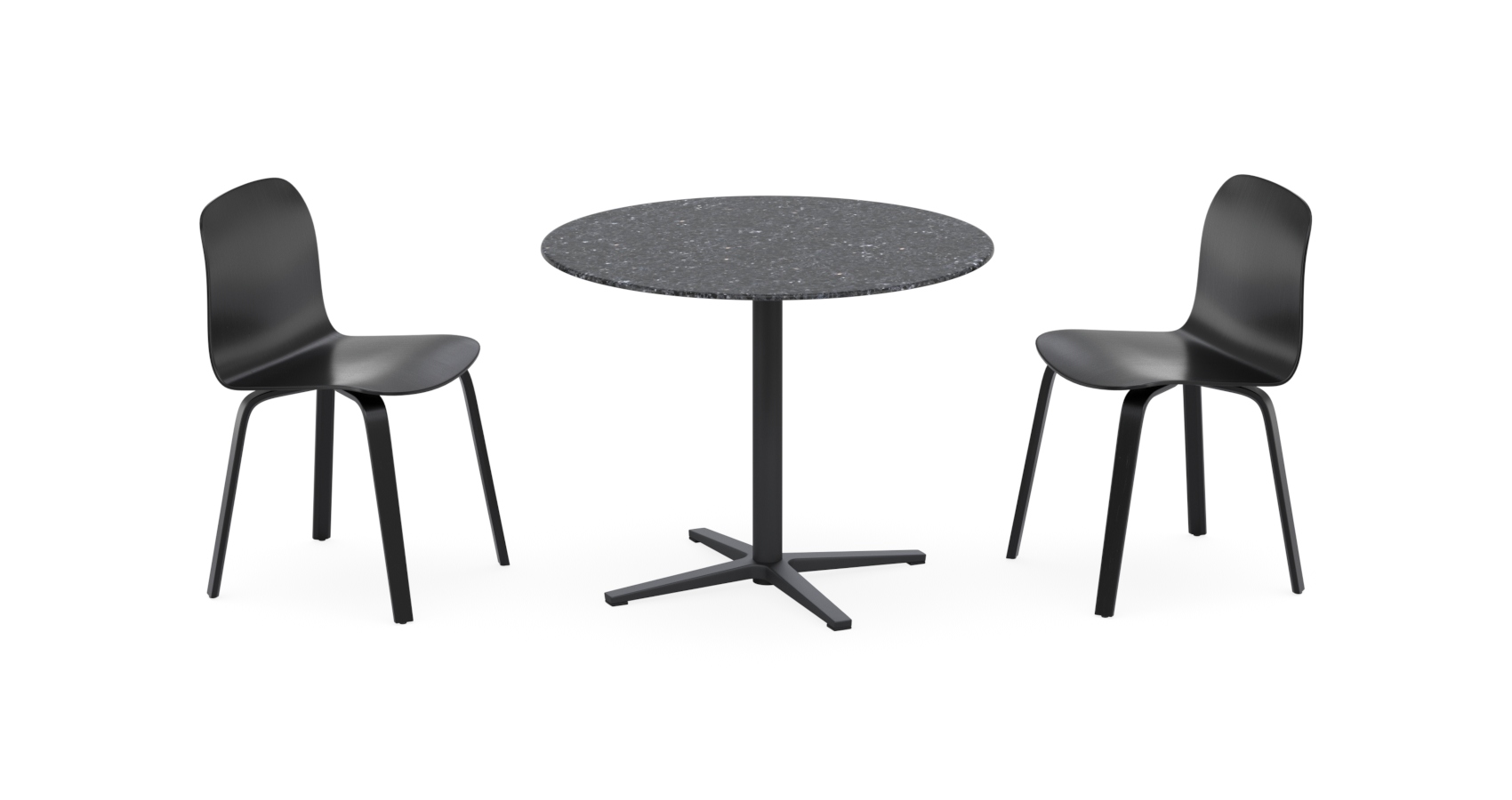 Wiz table with black base and round Night terrazzo top with Indi chairs in black
