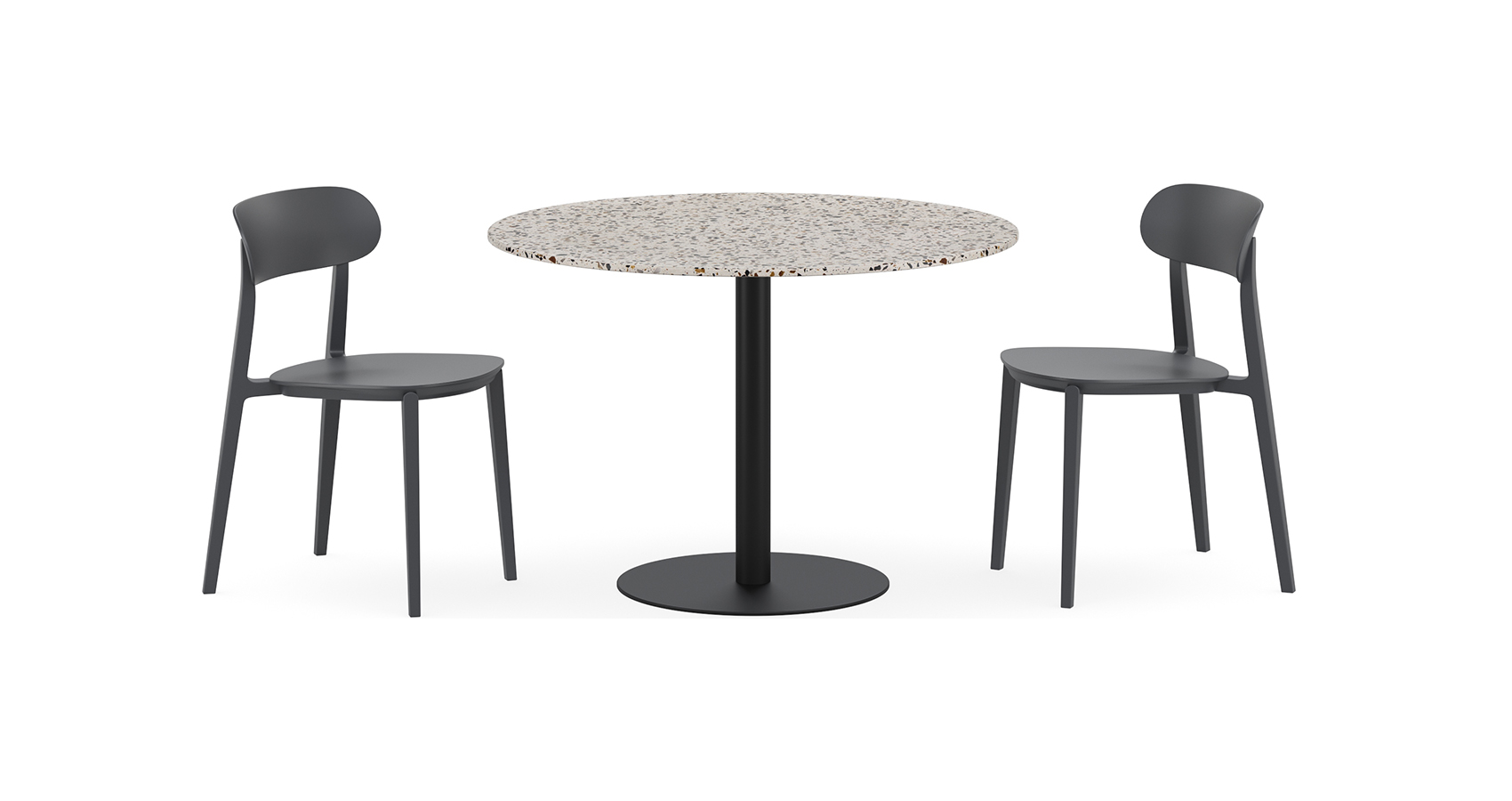 Cosmopolitan Cafe Table with Black Base and Terrazzo Top and Poppi plastic Chairs