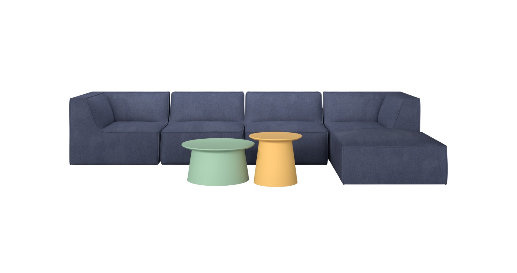 Hugs Setting in blue with green and mustard Bobbi coffee tables